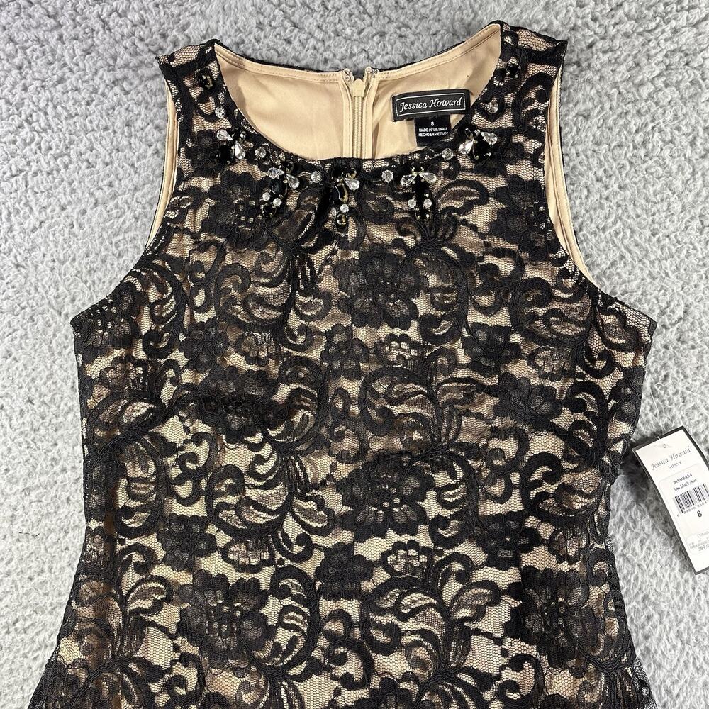 Jessica Howard Dress 8 NWT Black Lace Tan Lining Beaded Neckline Sheath JH5M8454 - Picture 6 of 13